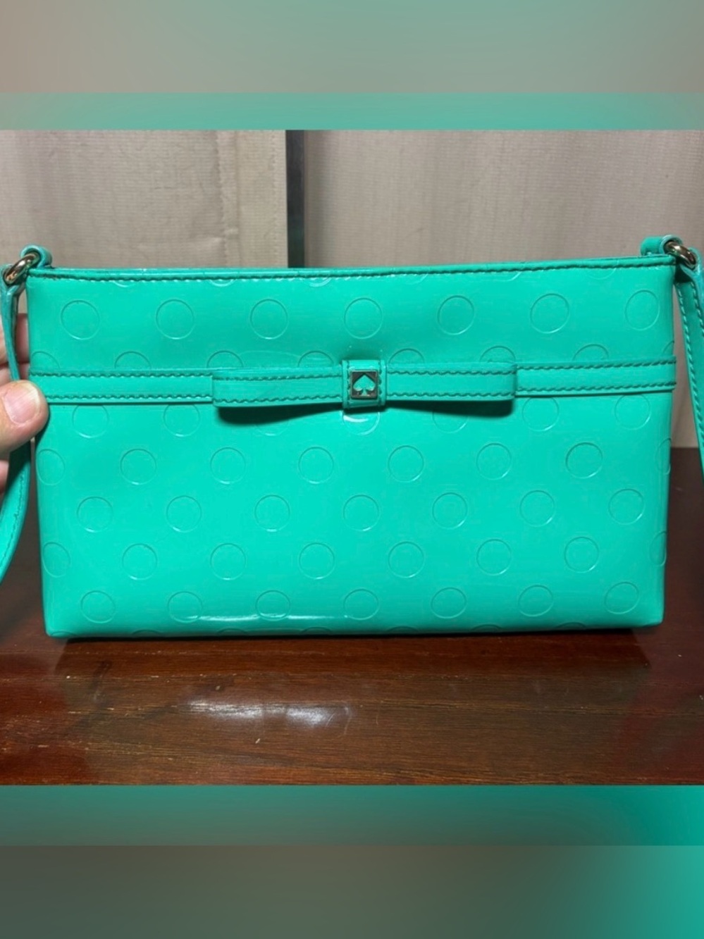Kate Spade Camellia Street Amy Aqua Patent Polka Dot Bow Crossbody Bag - EUC